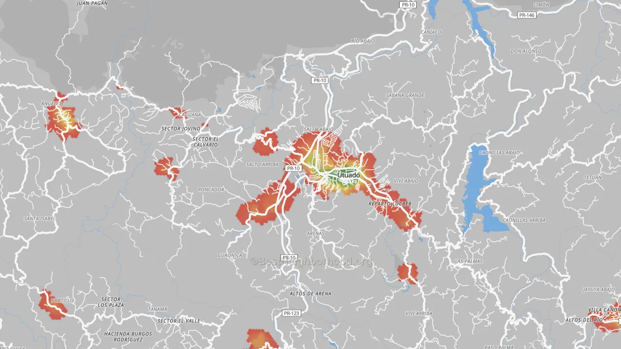 Walk Grade map of 00641, PR, walkable areas in green and car-dependent areas in red