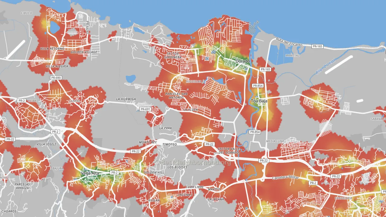 Walk Grade map of 00646, PR, walkable areas in green and car-dependent areas in red