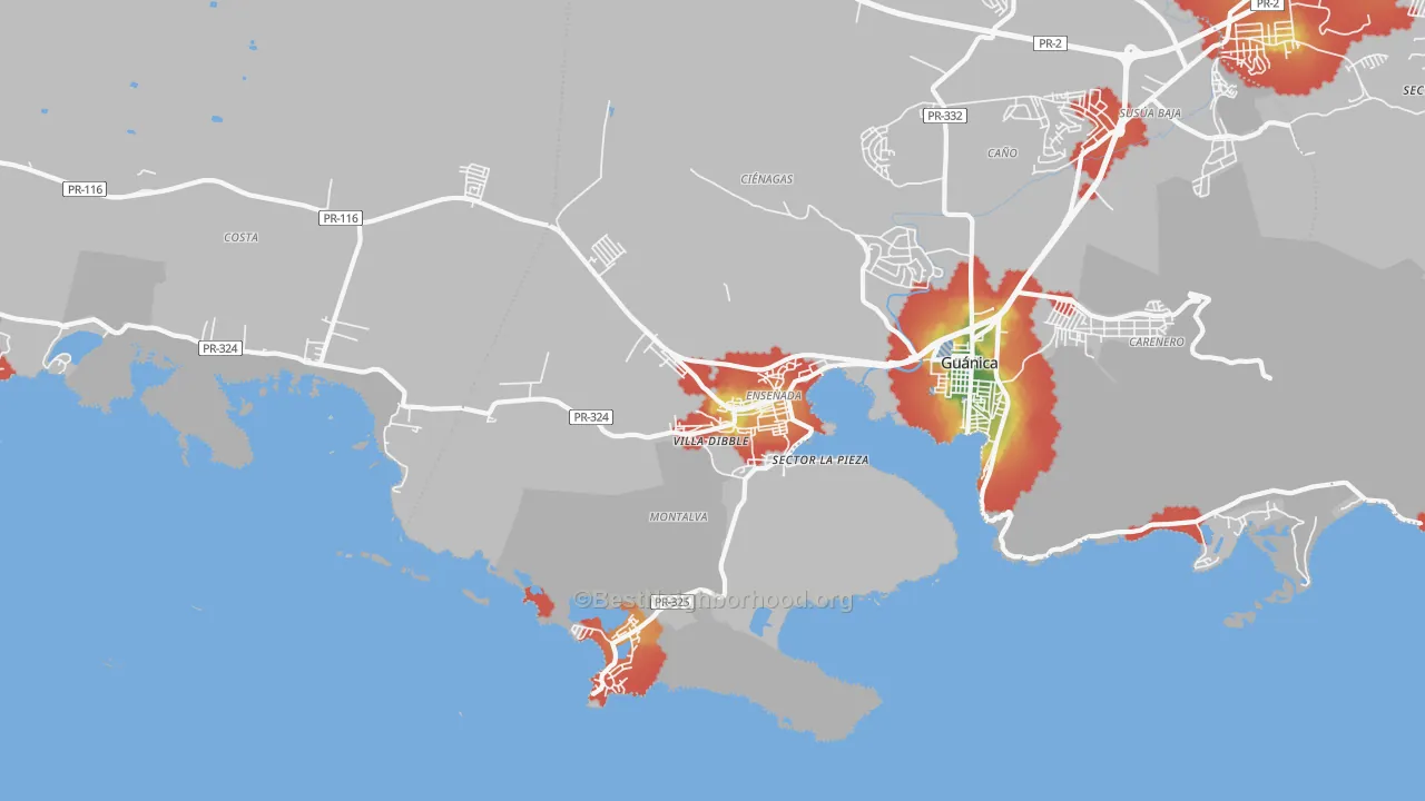 Walk Grade map of 00647, PR, walkable areas in green and car-dependent areas in red