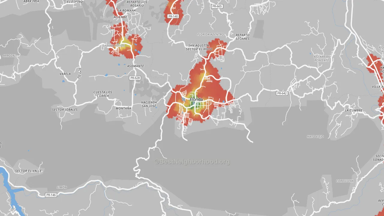 Walk Grade map of 00650, PR, walkable areas in green and car-dependent areas in red
