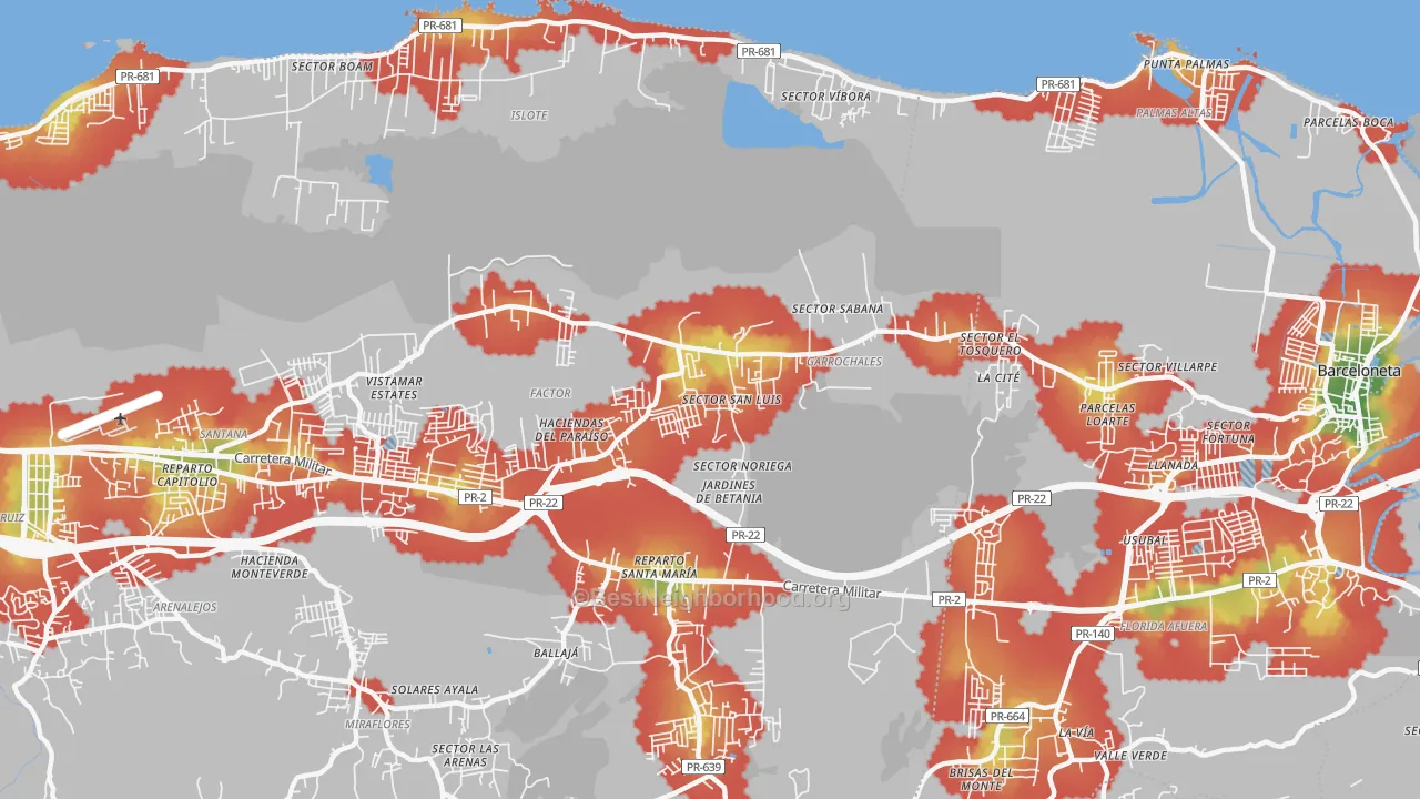 Walk Grade map of 00652, PR, walkable areas in green and car-dependent areas in red