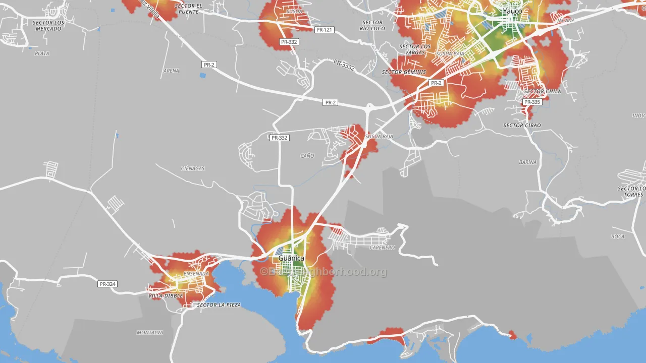 Walk Grade map of 00653, PR, walkable areas in green and car-dependent areas in red