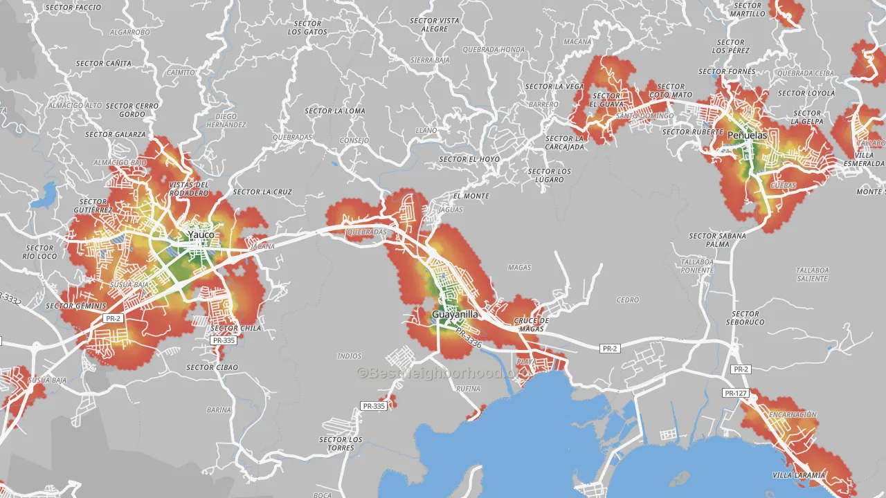 Walk Grade map of 00656, PR, walkable areas in green and car-dependent areas in red