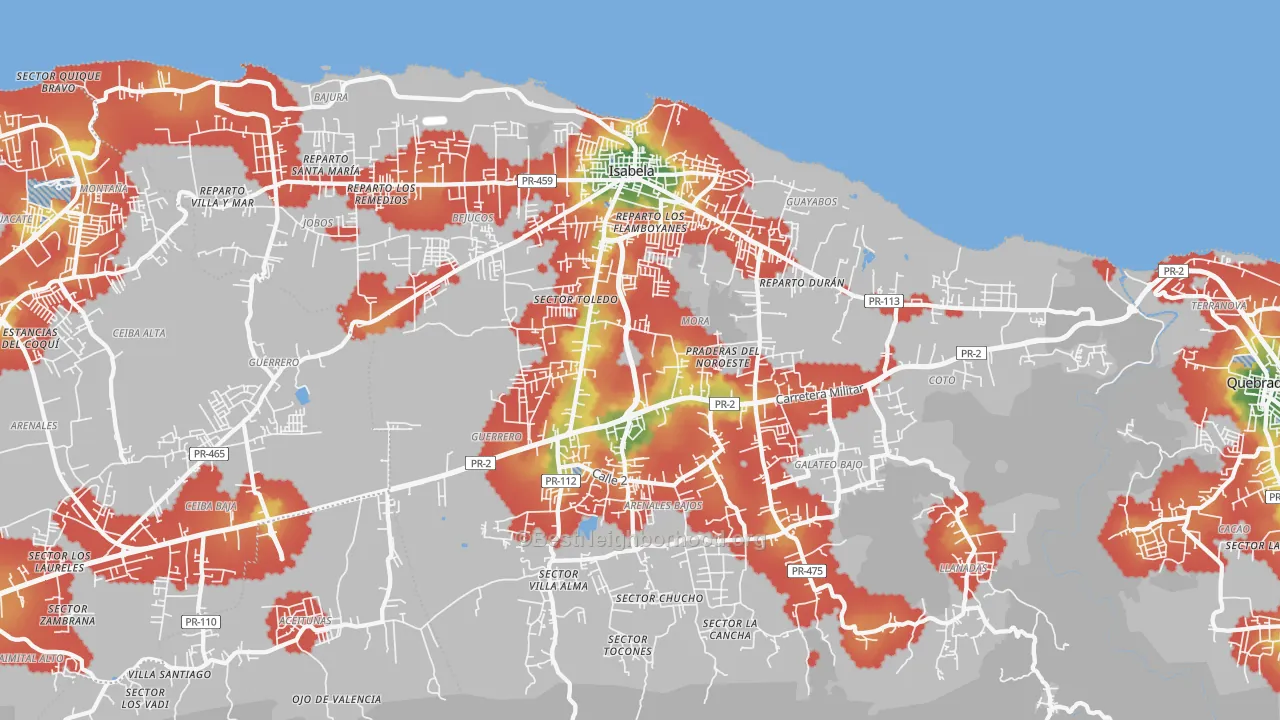 Walk Grade map of 00662, PR, walkable areas in green and car-dependent areas in red
