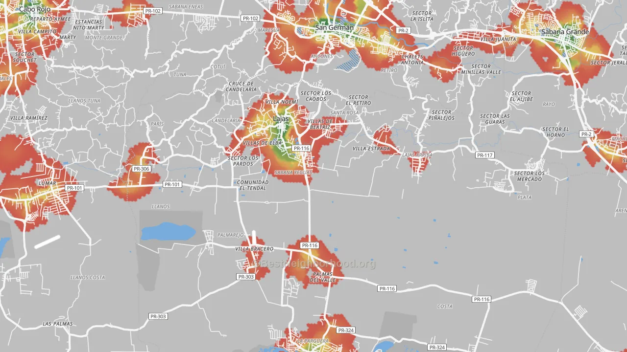 Walk Grade map of 00667, PR, walkable areas in green and car-dependent areas in red