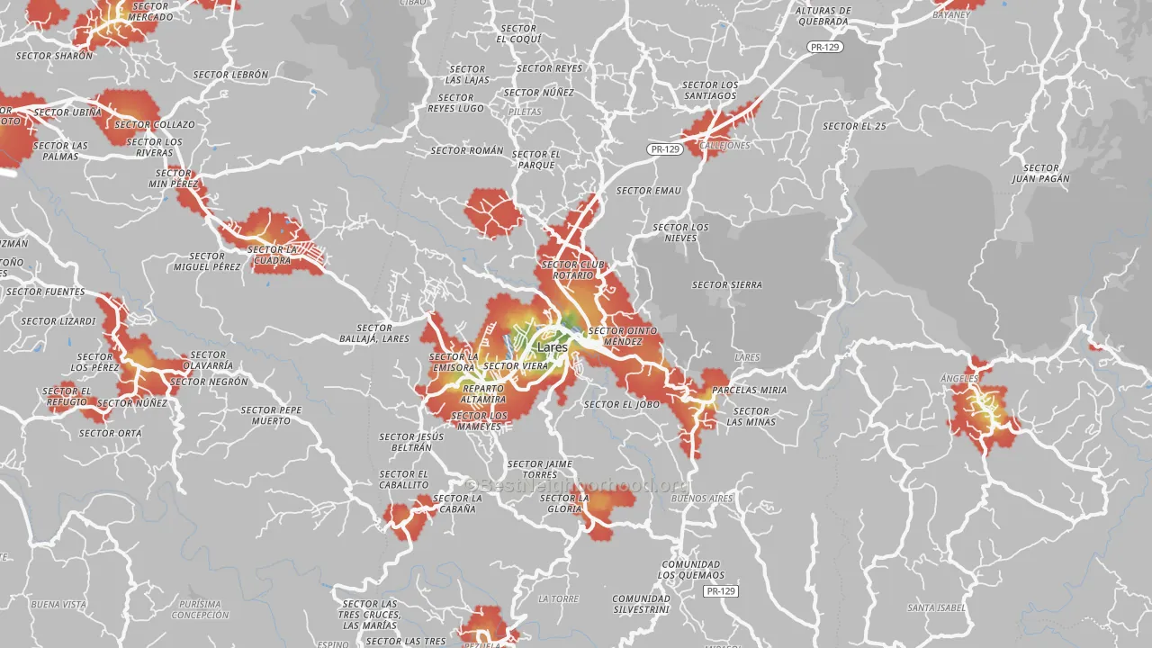 Walk Grade map of 00669, PR, walkable areas in green and car-dependent areas in red