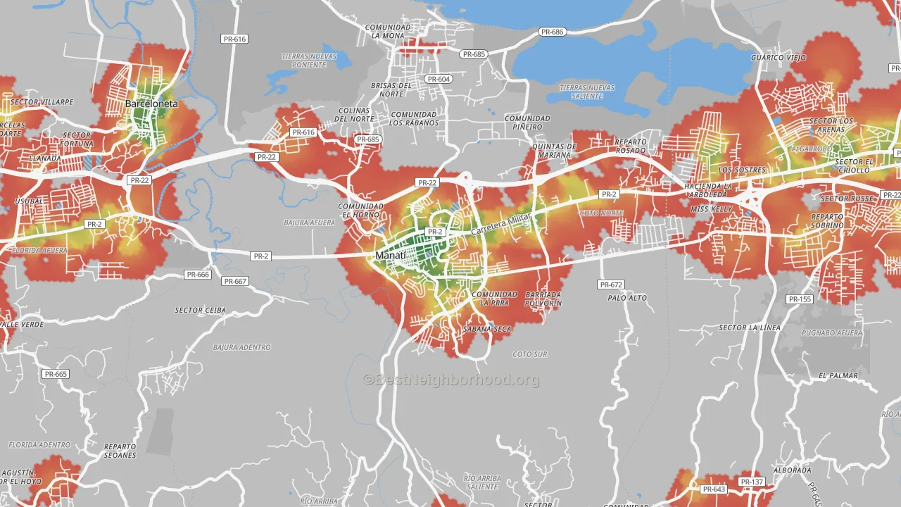 Walk Grade map of 00674, PR, walkable areas in green and car-dependent areas in red