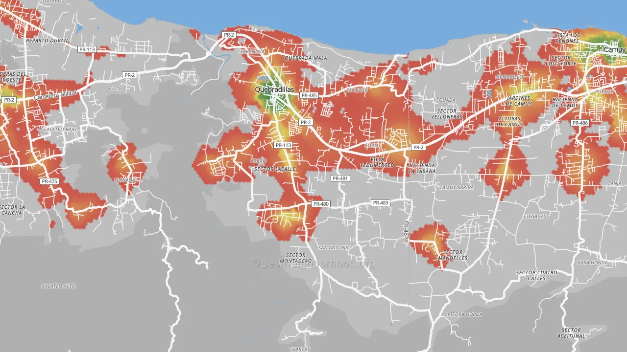 Walk Grade map of 00678, PR, walkable areas in green and car-dependent areas in red