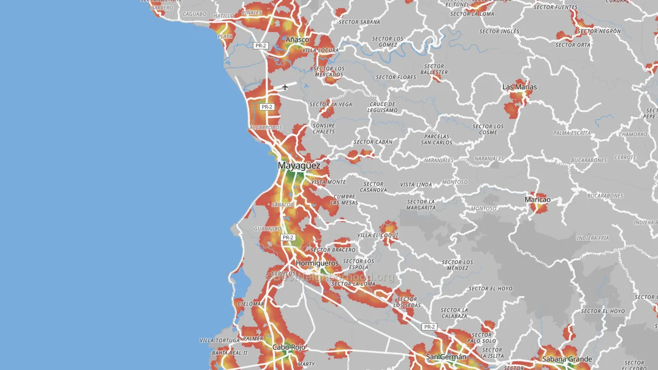 Walk Grade map of 00680, PR, walkable areas in green and car-dependent areas in red