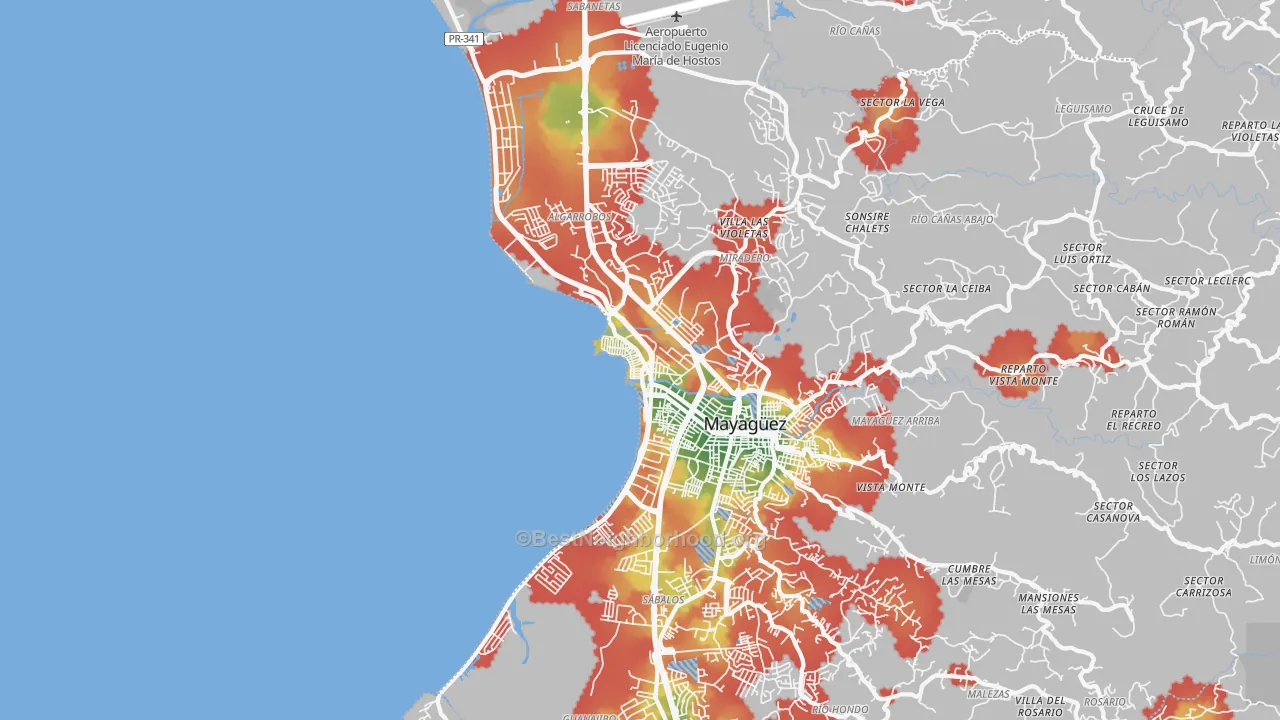 Walk Grade map of 00682, PR, walkable areas in green and car-dependent areas in red
