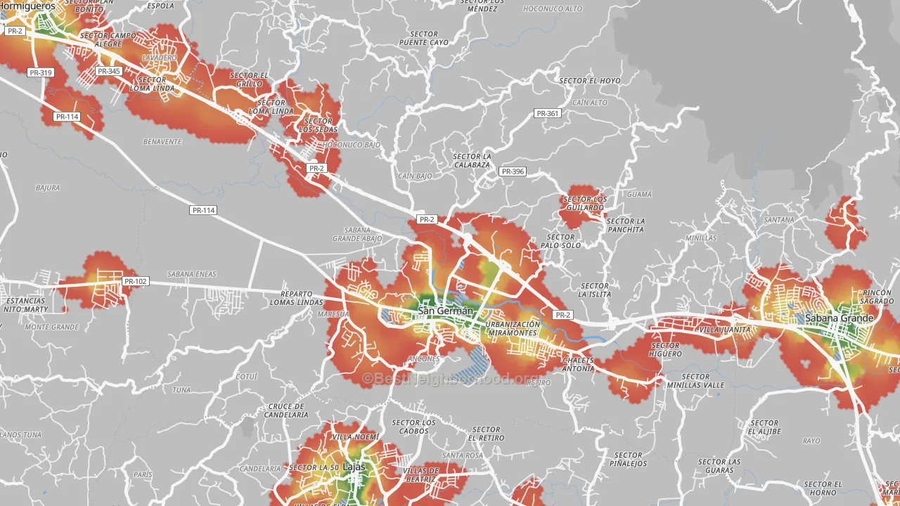 Walk Grade map of 00683, PR, walkable areas in green and car-dependent areas in red