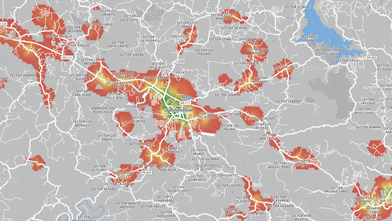 Walk Grade map of 00685, PR, walkable areas in green and car-dependent areas in red