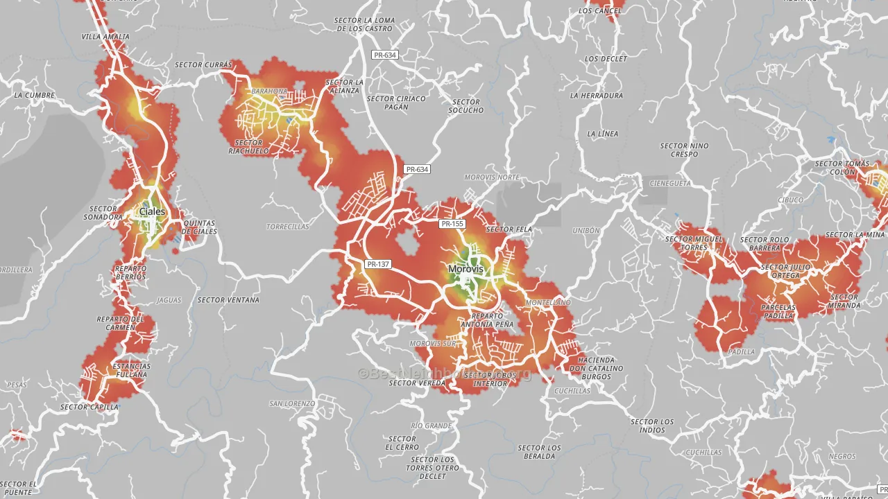 Walk Grade map of 00687, PR, walkable areas in green and car-dependent areas in red