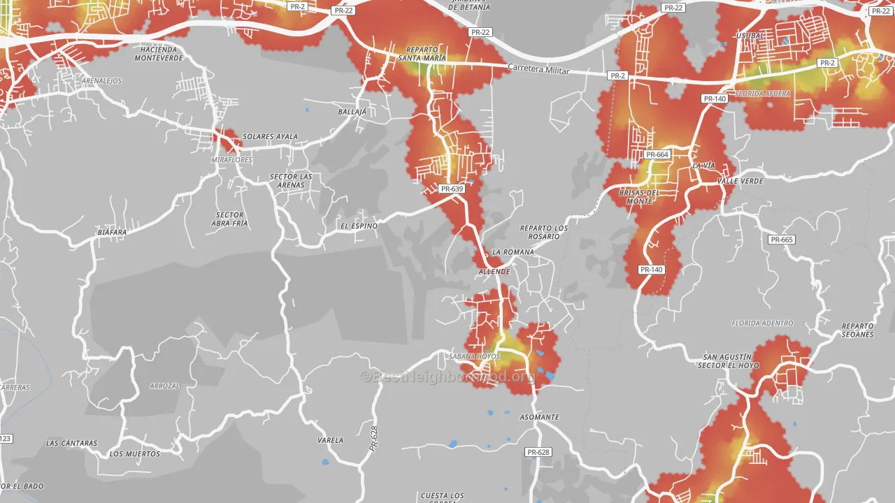 Walk Grade map of 00688, PR, walkable areas in green and car-dependent areas in red