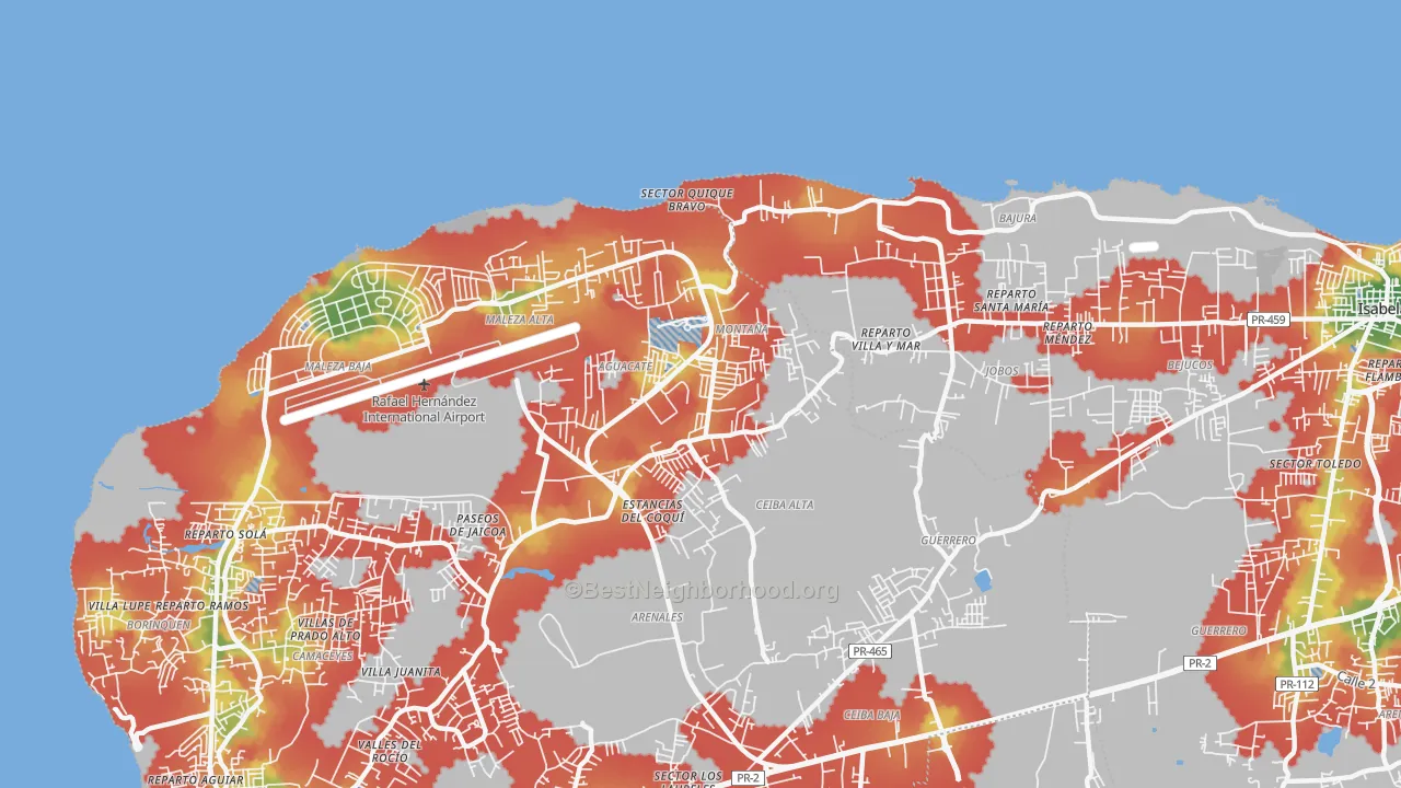 Walk Grade map of 00690, PR, walkable areas in green and car-dependent areas in red