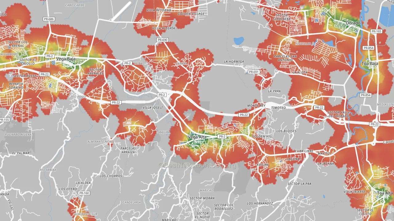 Walk Grade map of 00692, PR, walkable areas in green and car-dependent areas in red