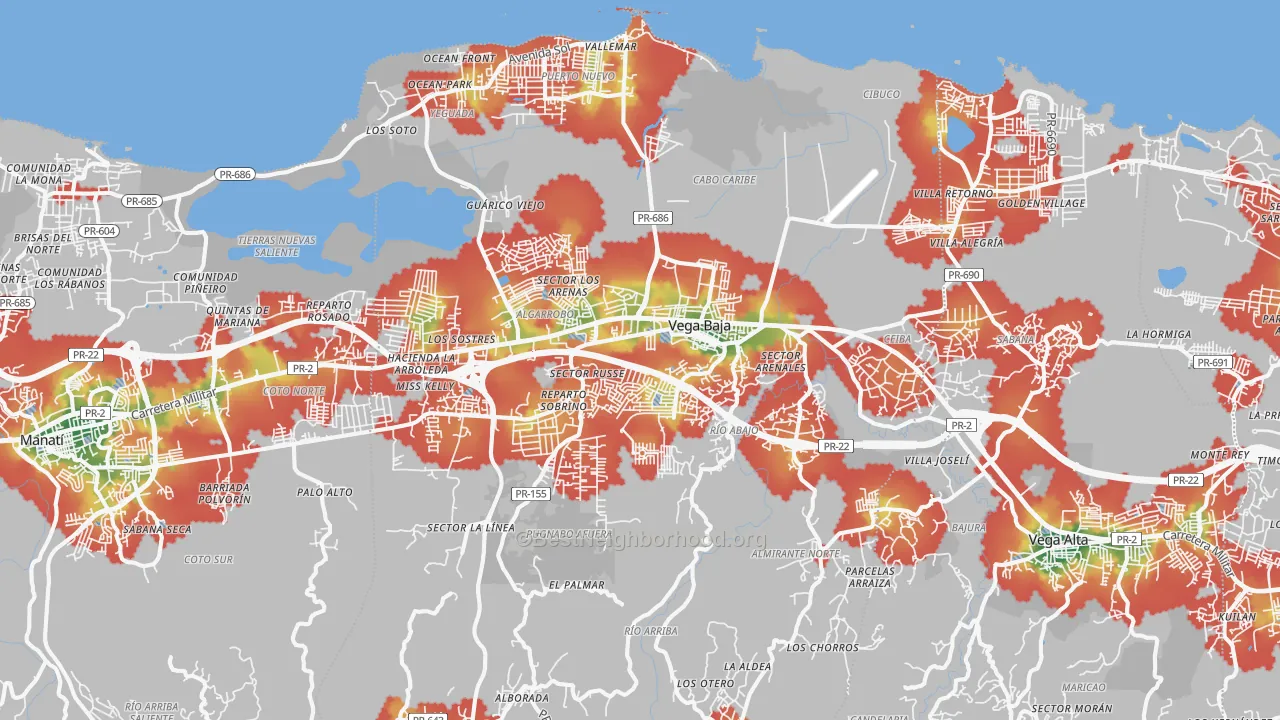 Walk Grade map of 00693, PR, walkable areas in green and car-dependent areas in red