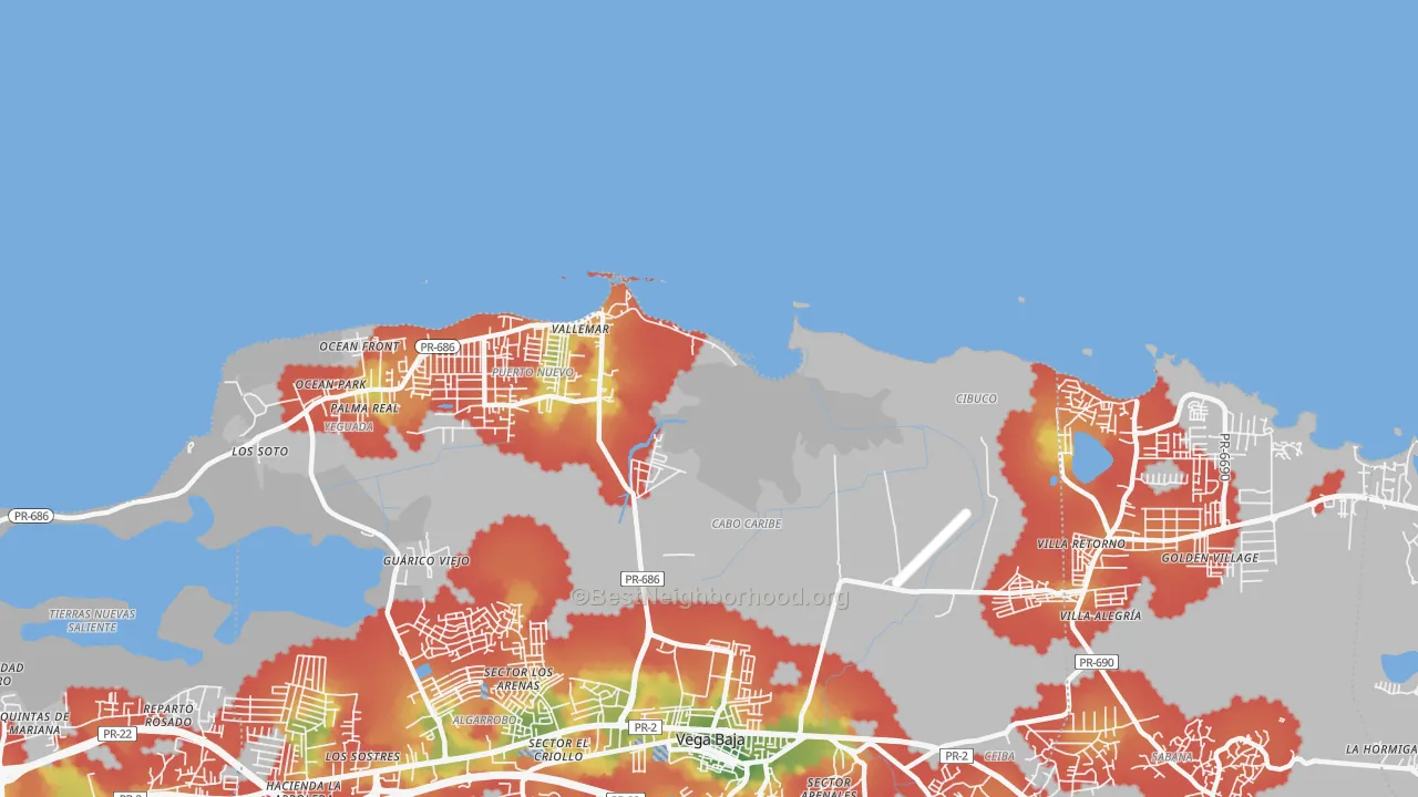 Walk Grade map of 00694, PR, walkable areas in green and car-dependent areas in red