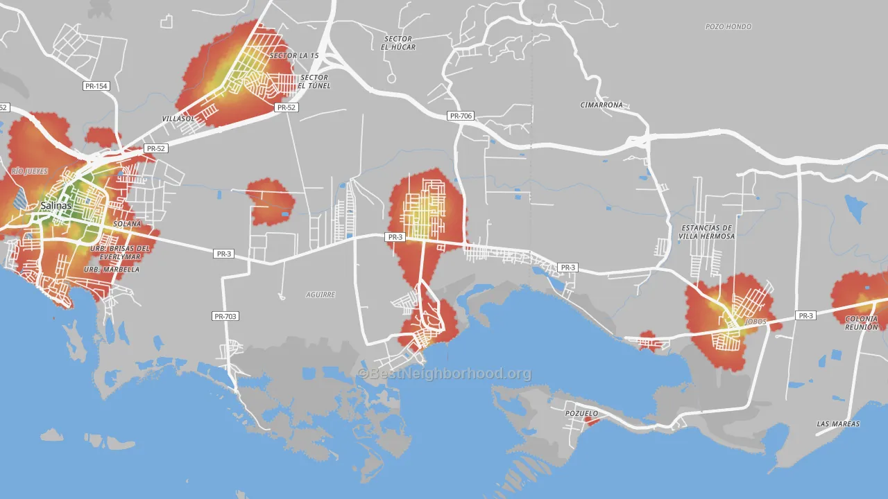 Walk Grade map of 00704, PR, walkable areas in green and car-dependent areas in red