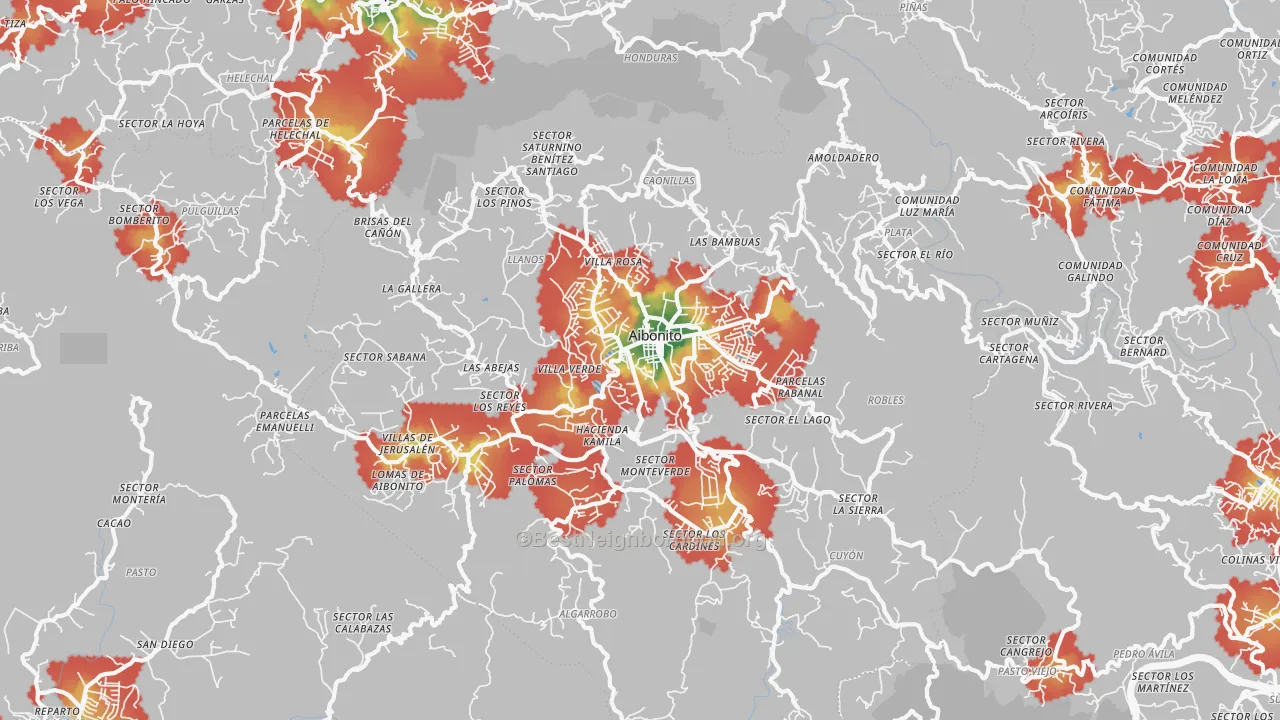 Walk Grade map of 00705, PR, walkable areas in green and car-dependent areas in red