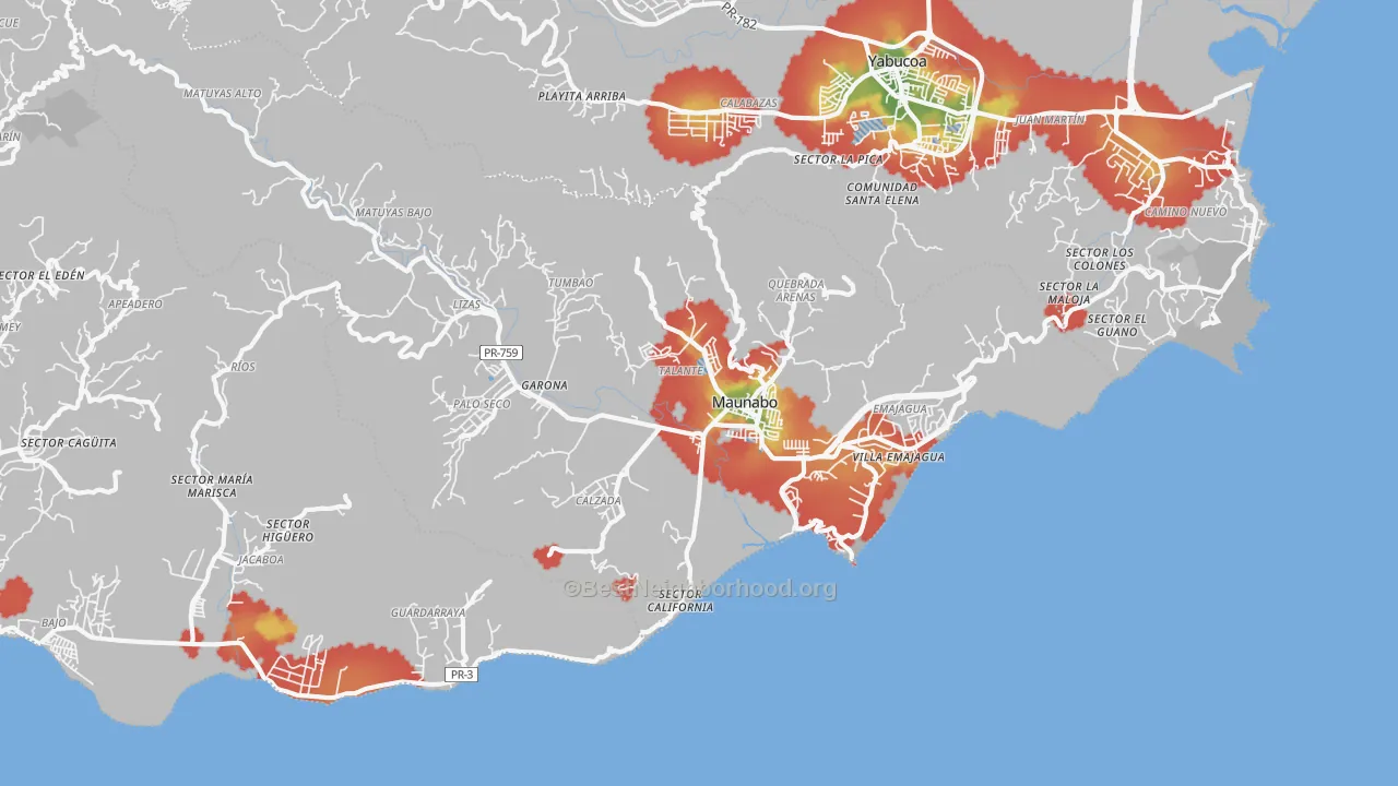 Walk Grade map of 00707, PR, walkable areas in green and car-dependent areas in red