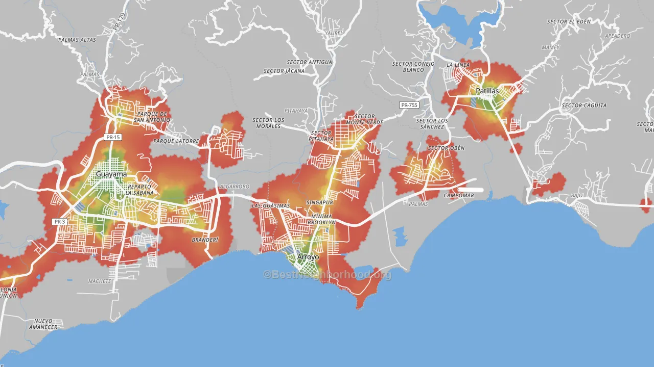 Walk Grade map of 00714, PR, walkable areas in green and car-dependent areas in red