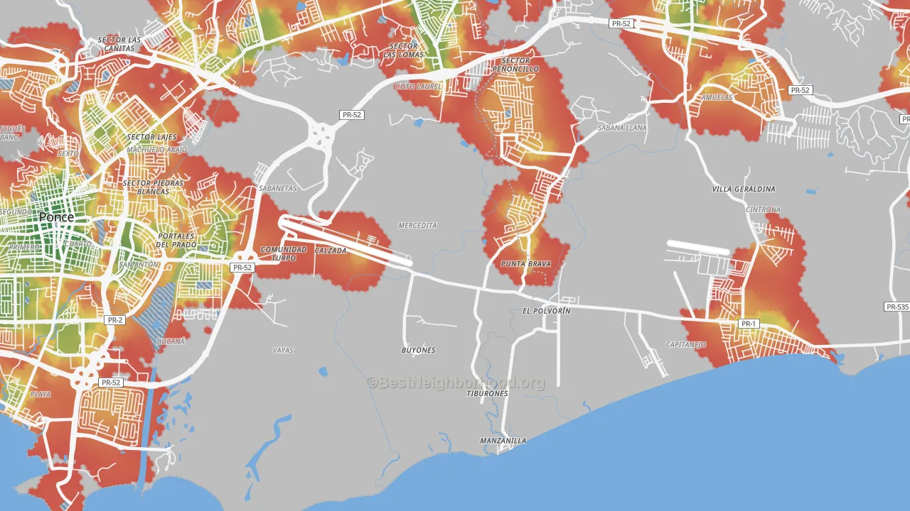 Walk Grade map of 00715, PR, walkable areas in green and car-dependent areas in red