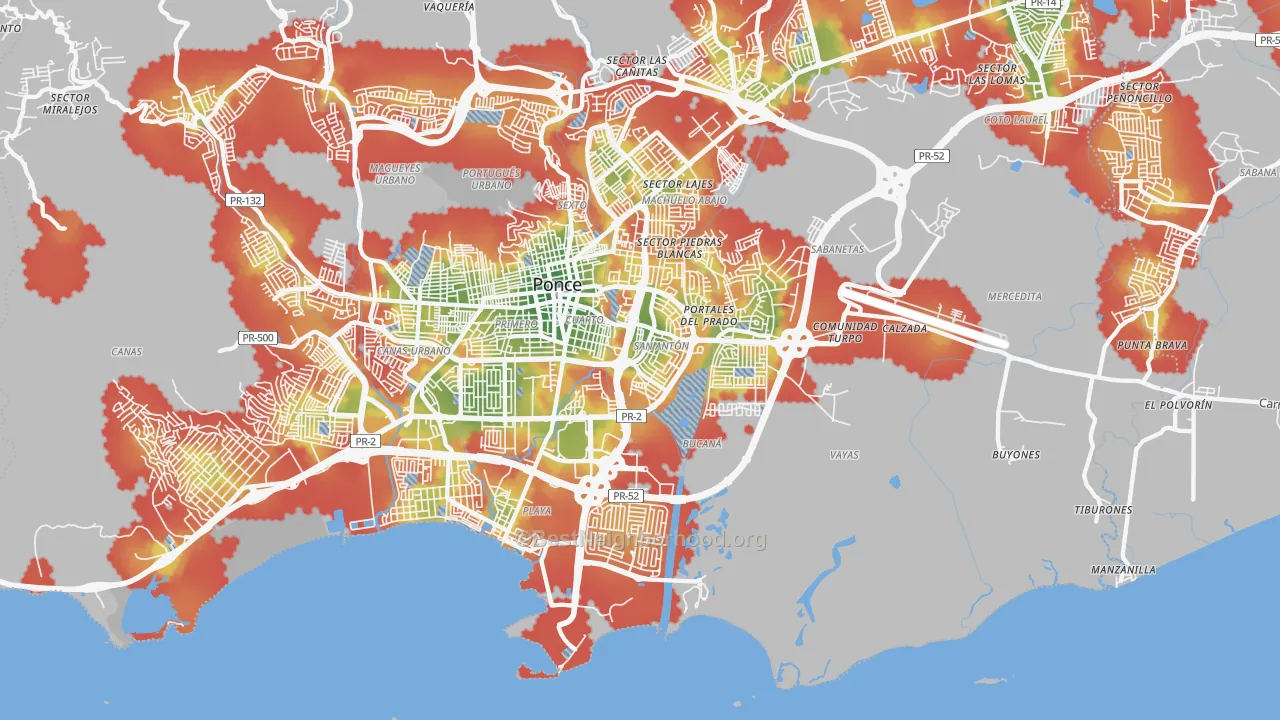 Walk Grade map of 00716, PR, walkable areas in green and car-dependent areas in red