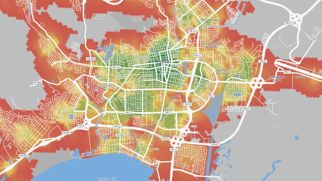 Walk Grade map of 00717, PR, walkable areas in green and car-dependent areas in red