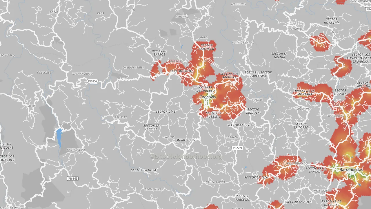 Walk Grade map of 00720, PR, walkable areas in green and car-dependent areas in red