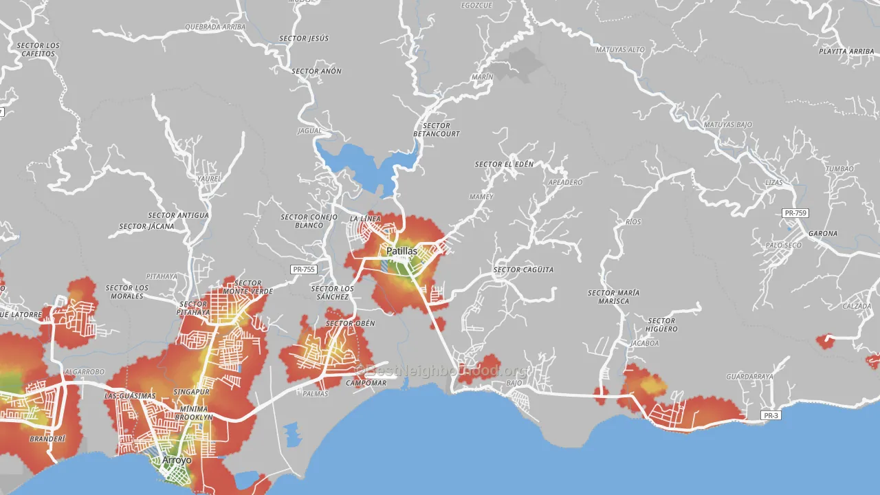 Walk Grade map of 00723, PR, walkable areas in green and car-dependent areas in red