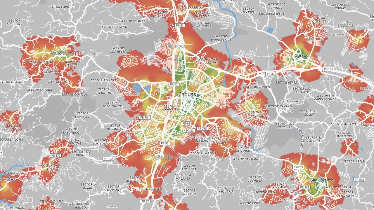 Walk Grade map of 00725, PR, walkable areas in green and car-dependent areas in red
