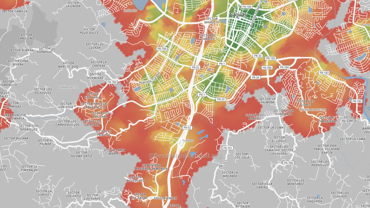 Walk Grade map of 00726, PR, walkable areas in green and car-dependent areas in red