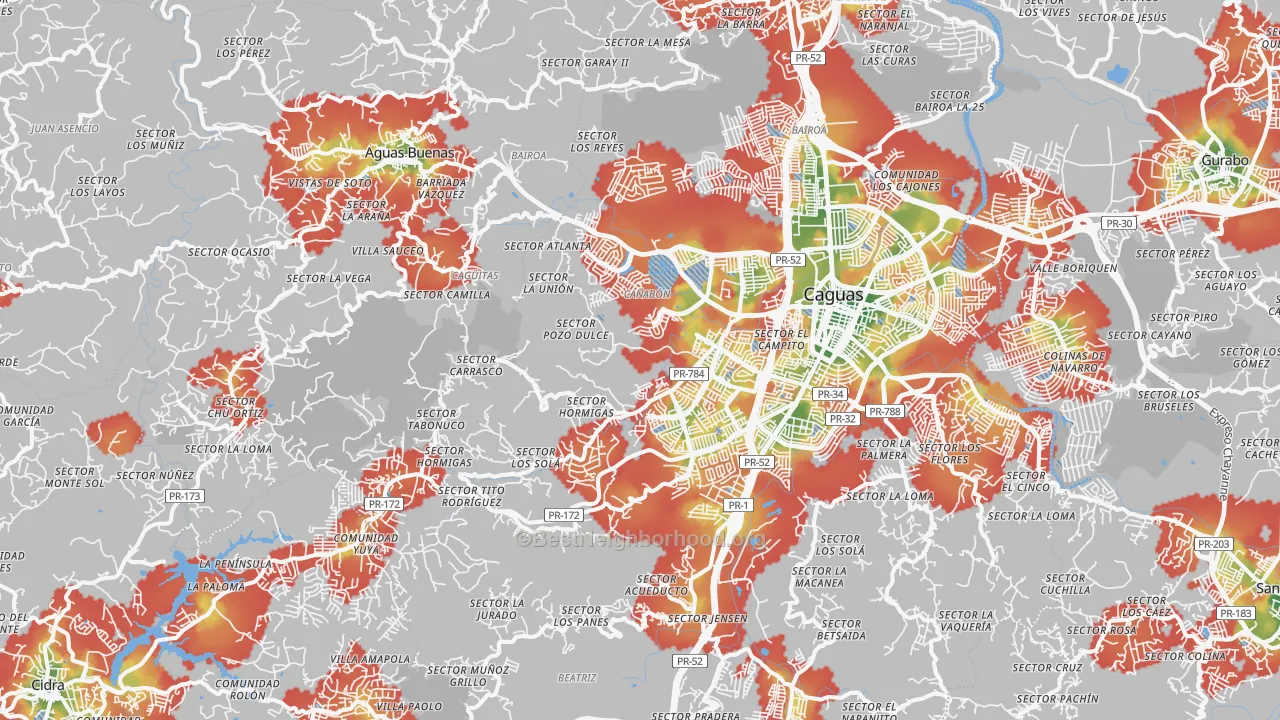 Walk Grade map of 00727, PR, walkable areas in green and car-dependent areas in red