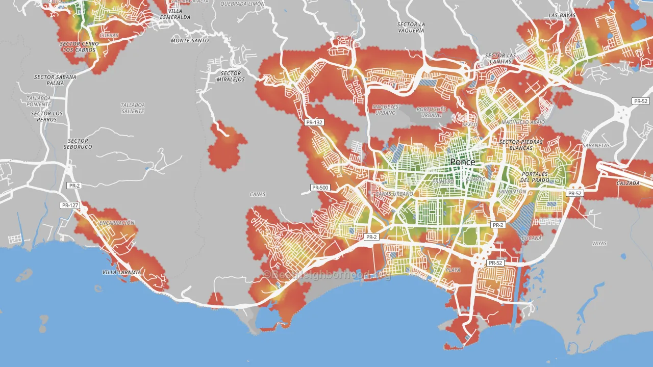 Walk Grade map of 00728, PR, walkable areas in green and car-dependent areas in red