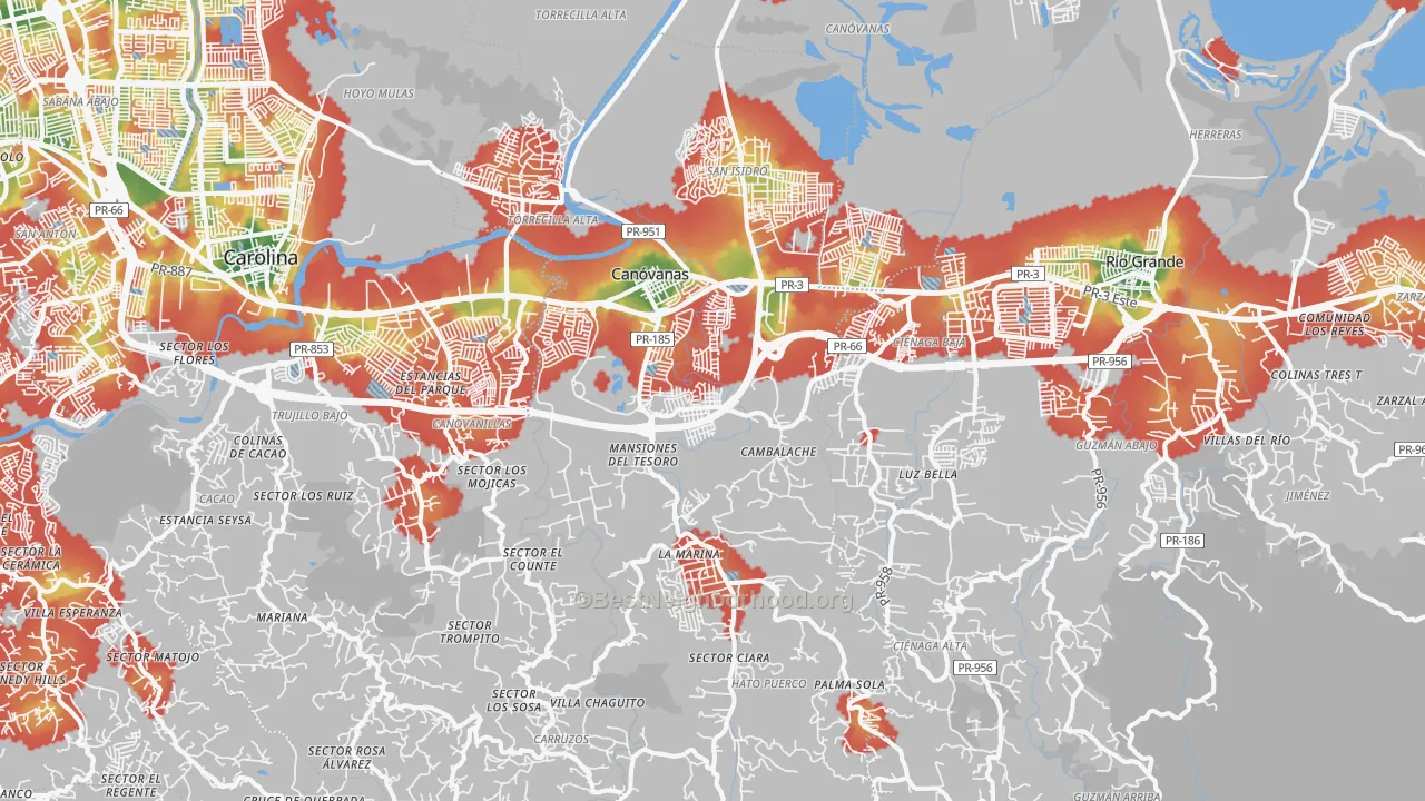 Walk Grade map of 00729, PR, walkable areas in green and car-dependent areas in red