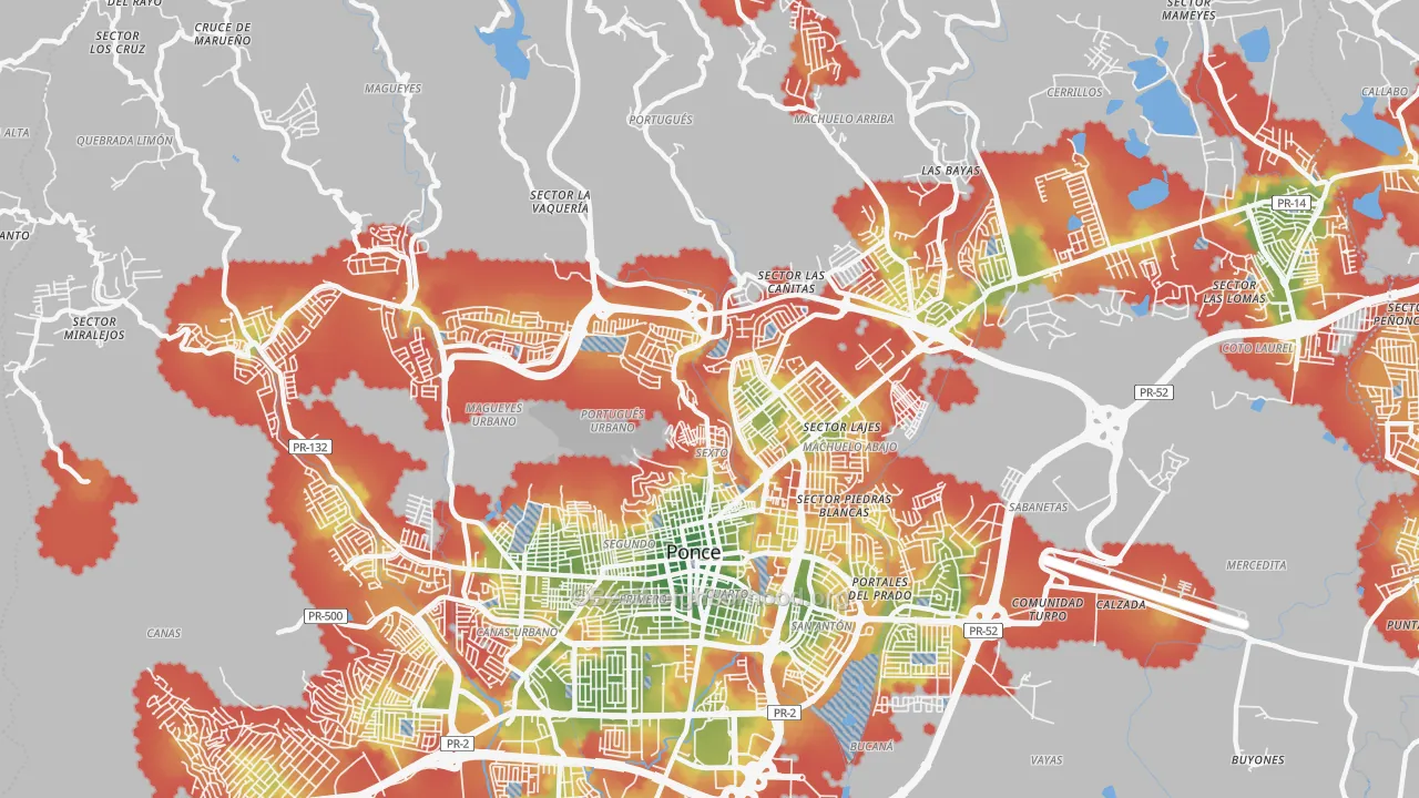 Walk Grade map of 00730, PR, walkable areas in green and car-dependent areas in red