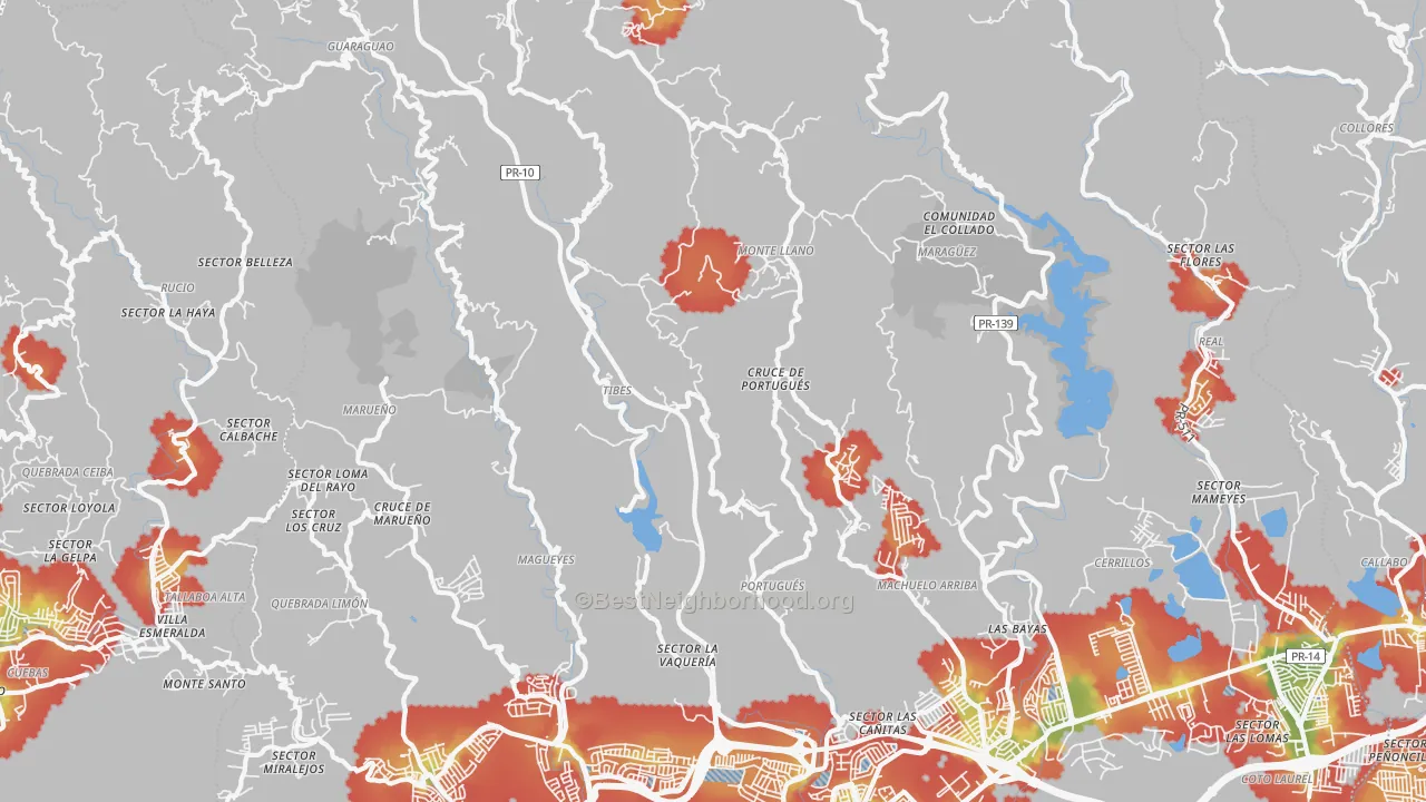 Walk Grade map of 00731, PR, walkable areas in green and car-dependent areas in red
