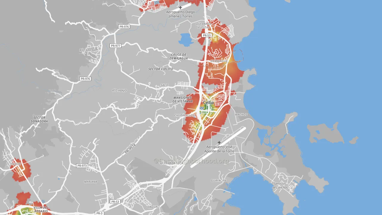 Walk Grade map of 00735, PR, walkable areas in green and car-dependent areas in red