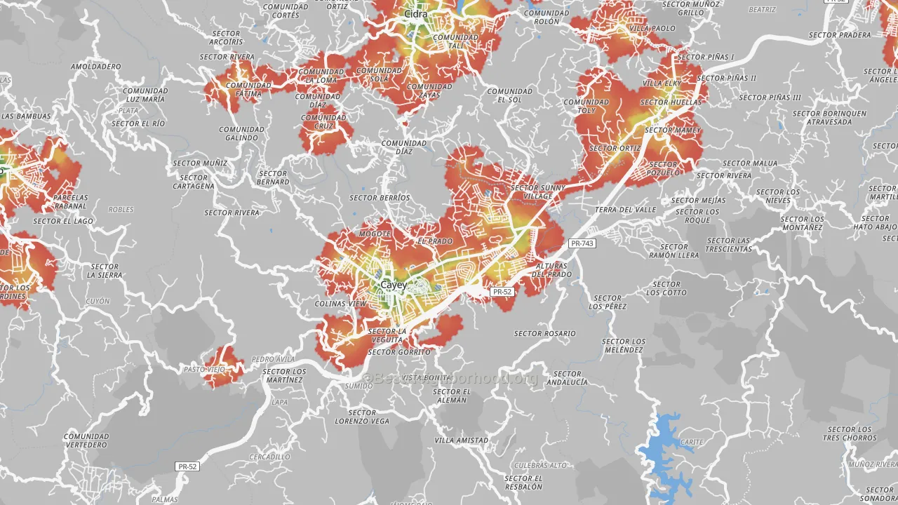 Walk Grade map of 00736, PR, walkable areas in green and car-dependent areas in red