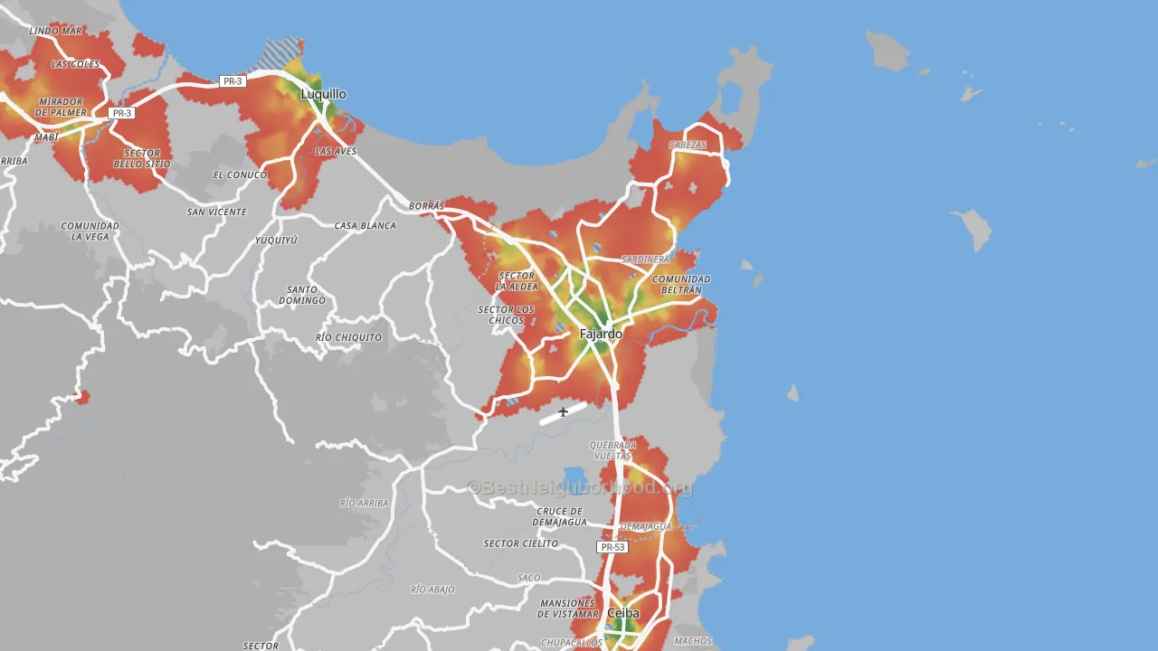 Walk Grade map of 00738, PR, walkable areas in green and car-dependent areas in red