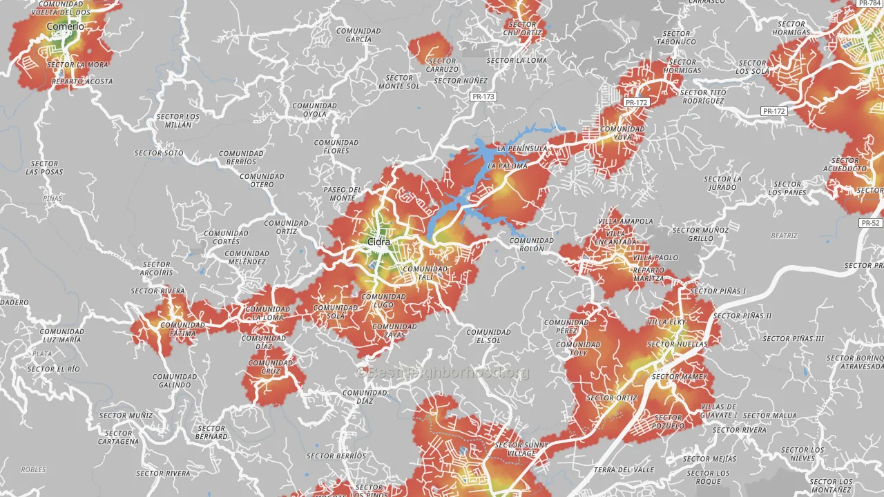 Walk Grade map of 00739, PR, walkable areas in green and car-dependent areas in red