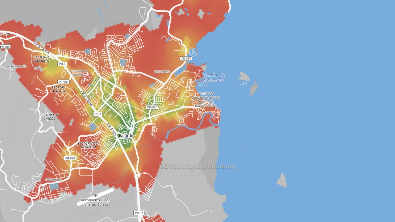 Walk Grade map of 00740, PR, walkable areas in green and car-dependent areas in red