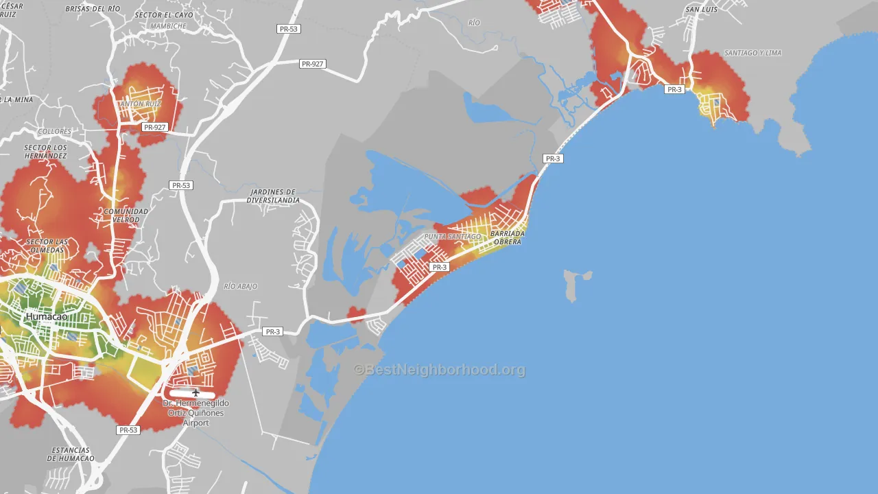 Walk Grade map of 00741, PR, walkable areas in green and car-dependent areas in red