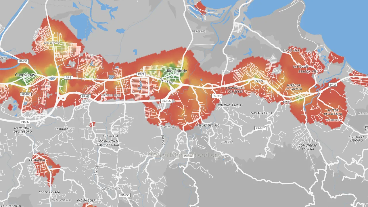 Walk Grade map of 00745, PR, walkable areas in green and car-dependent areas in red