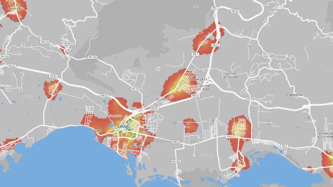 Walk Grade map of 00751, PR, walkable areas in green and car-dependent areas in red