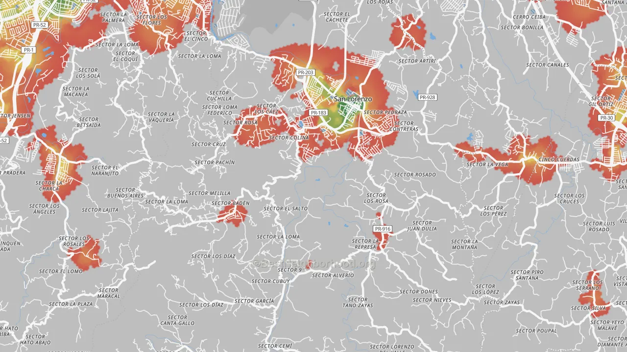 Walk Grade map of 00754, PR, walkable areas in green and car-dependent areas in red