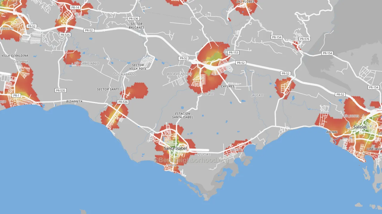 Walk Grade map of 00757, PR, walkable areas in green and car-dependent areas in red