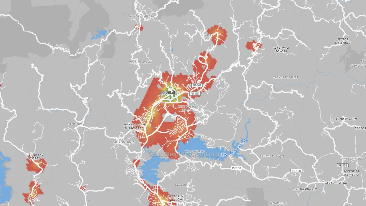 Walk Grade map of 00766, PR, walkable areas in green and car-dependent areas in red