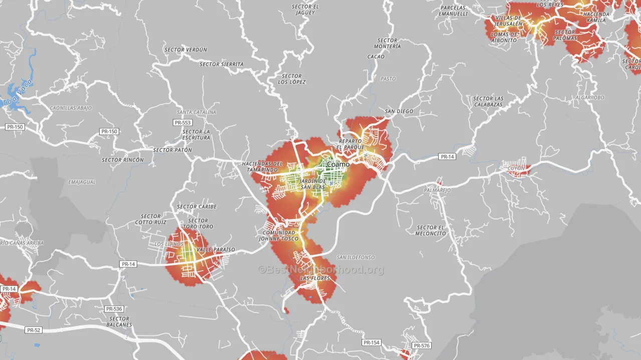 Walk Grade map of 00769, PR, walkable areas in green and car-dependent areas in red